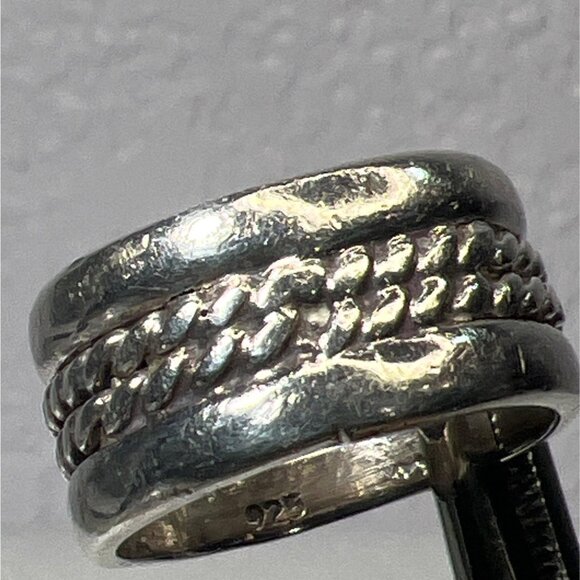 Unisex Silver 925 Band Ring Sz 8.5 Double Rope Cigar Band 80s Pattern Boho Hippi - Picture 6 of 7